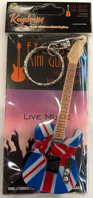 KEYCHAIN: Handicraft Wood Guitar Replica Mini Guitar - Rolling Stones Tongue/Union Jack (New)