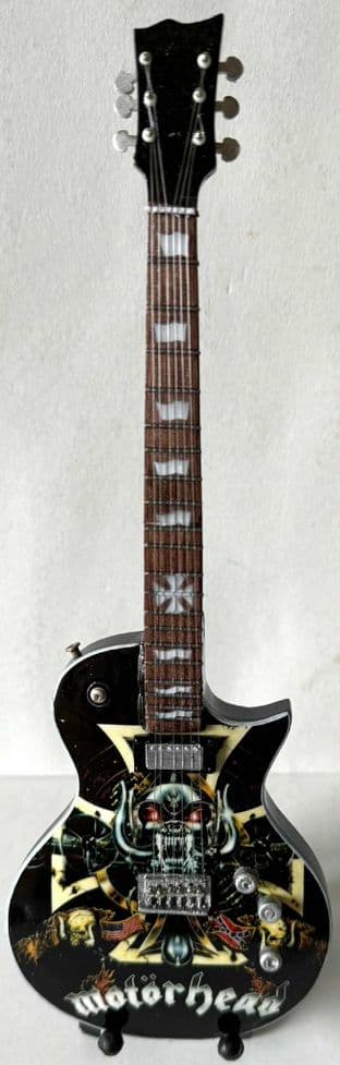 Motorhead Maltese Cross/Skulls (V2) Miniature Wooden 1:4 Scale Guitar With Stand (New/Box)