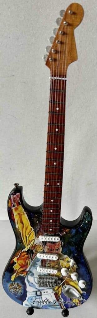 Queen - Freddie Mercury Autograph Miniature Wooden 1:4 Scale Guitar With Stand (New/Box)
