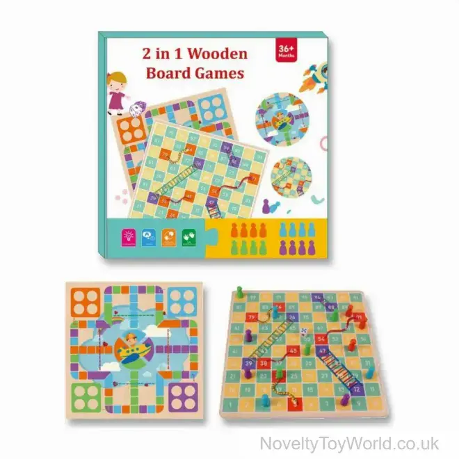 2 in 1 Wooden Board Game - Snakes & Ladders & Ludo | Bulk Buy Wooden Games