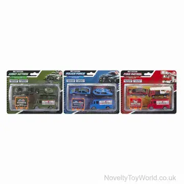 4 Piece Diecast Vehicle Play Set | Fire, Police, Army Mix