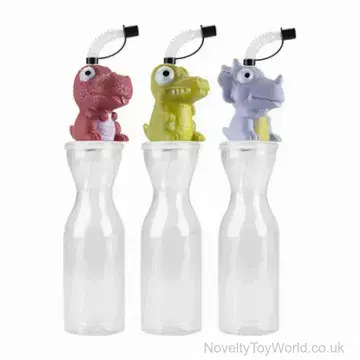 500ml Dinosaur Clear Drinking Bottle with Bendy Straw - 3 Assorted
