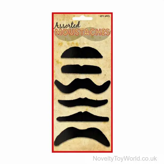 Wholesale | 6 Assorted Black Stick on Fancy Dress Moustaches