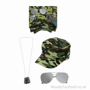 Army Camo Adult Fancy Dress Set - Cap, Dog Tags & Aviators