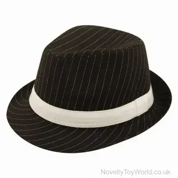 Black Pinstriped Gangster Trilby with White Hat Band - Adult