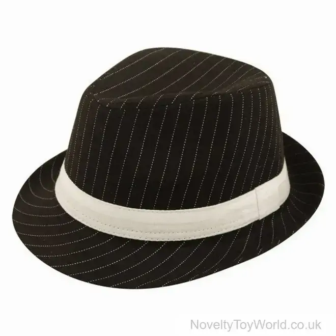 Wholesale Black Pinstriped Gangster Trilby with White Hat Band - Adult