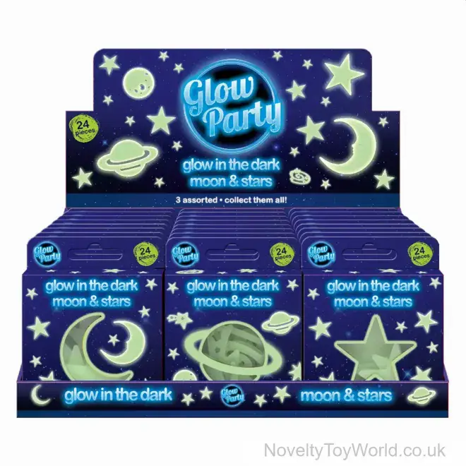 Glow in the Dark Moon and Stars Galaxy Decorations - Pack of 24 | Bulk Buy Toys