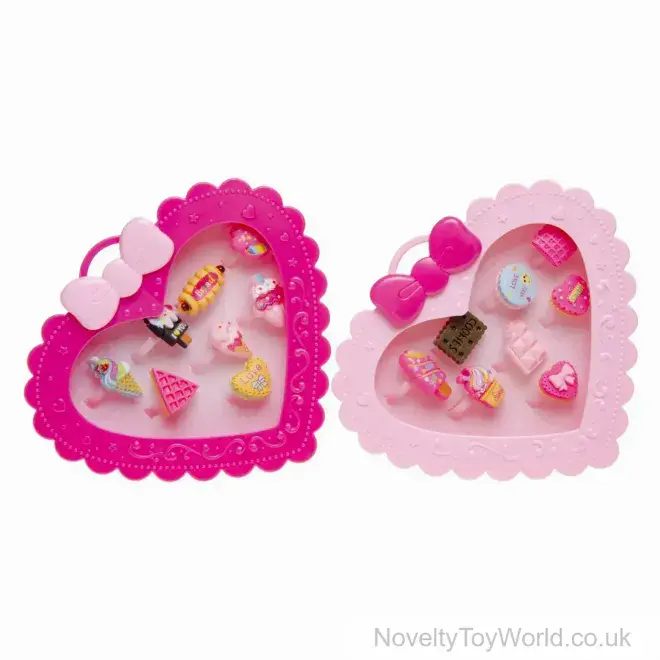 Ice Cream Desserts Kid's Rings In Heart Box - Set of 8 | Bulk Buy Finger Rings For Kids