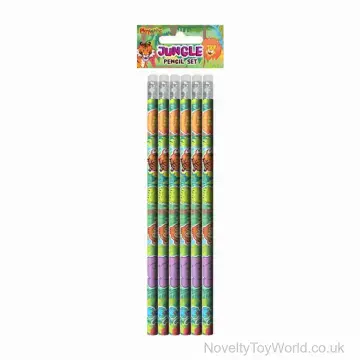 Pack Of 6 Jungle Animal Pencils With Erasers - 17cm