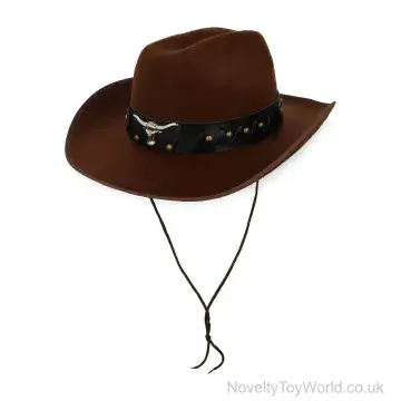 Quality Brown Cowboy Hat With Silver Bull Head & Horns - Adult Size