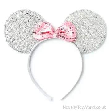 Silver Sparkly Mouse Ears Headband with Pink Bow