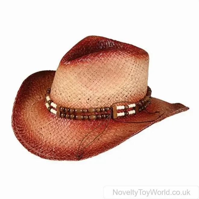 Wholesale Straw Roll Up Cowboy Hat With Beads - Adult | Bulk Novelty Headwear