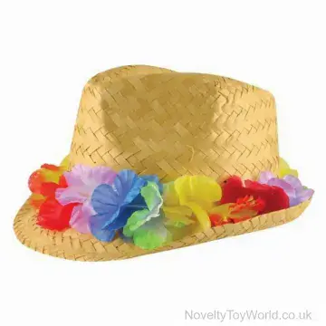 Straw Summer Party Trilby Hat with Flower Band - Adult