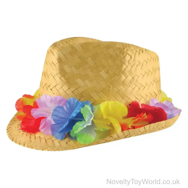 Straw Summer Party Trilby Hat with Flower Band - Adult | Beach Party Hats