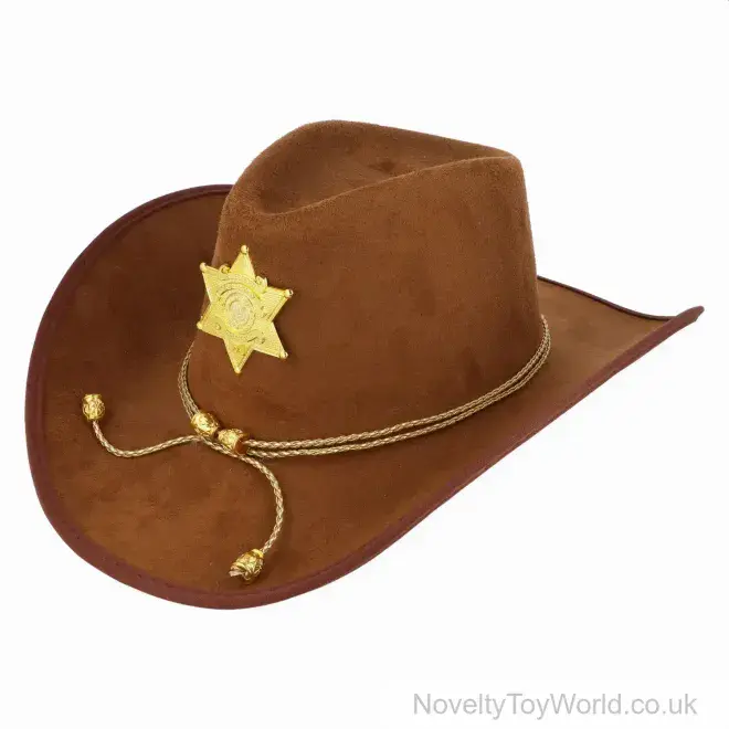 Suede Finish Brown Cowboy Hat with Sheriff Badge - Adult Size | Wholesale