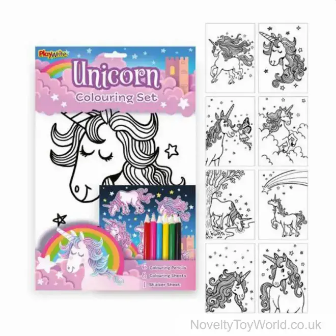 Unicorn Colouring Set - 8 Sheets, 6 Pencils, 1 Sticker Sheet | Wholesale Unicorn Gifts UK
