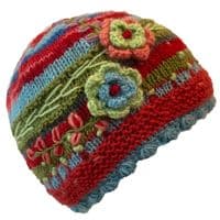 Beanie knitted hat in red and turquoise with flower embroidery