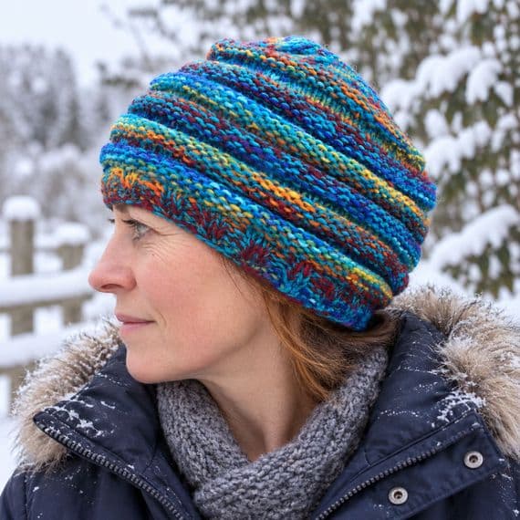 Beanie knitted slouch hat in bright turquoise rainbow