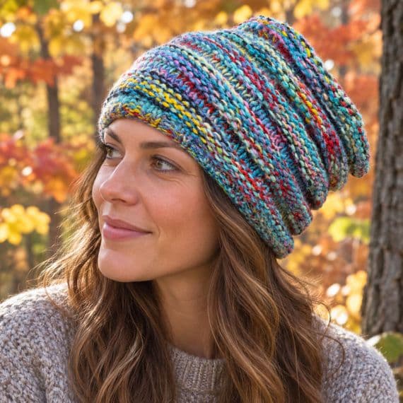 Beanie knitted slouch hat in mottled turquoise