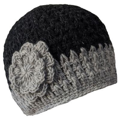 Dark grey beanie with light grey border and flower