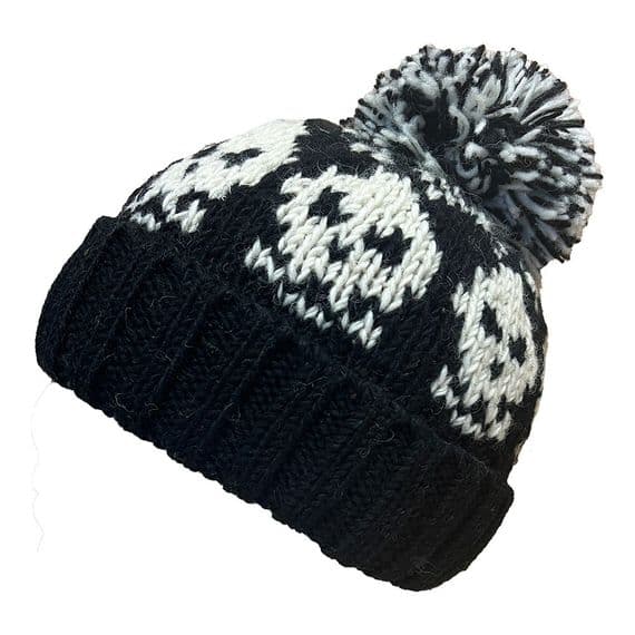 Black & White Bobble Hat with Skulls