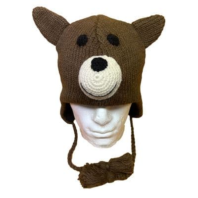 Brown Bear fleece lined knitted hat with tassels
