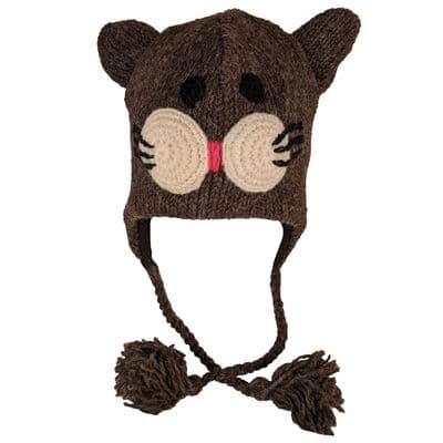 Brown cat fleece lined knitted hat with tassels