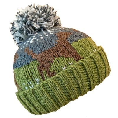 Brown Terrier Dog Bobble Hat in Green and Grey