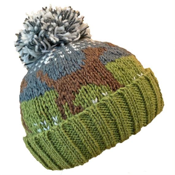Brown Terrier Dog Bobble Hat in Green and Grey