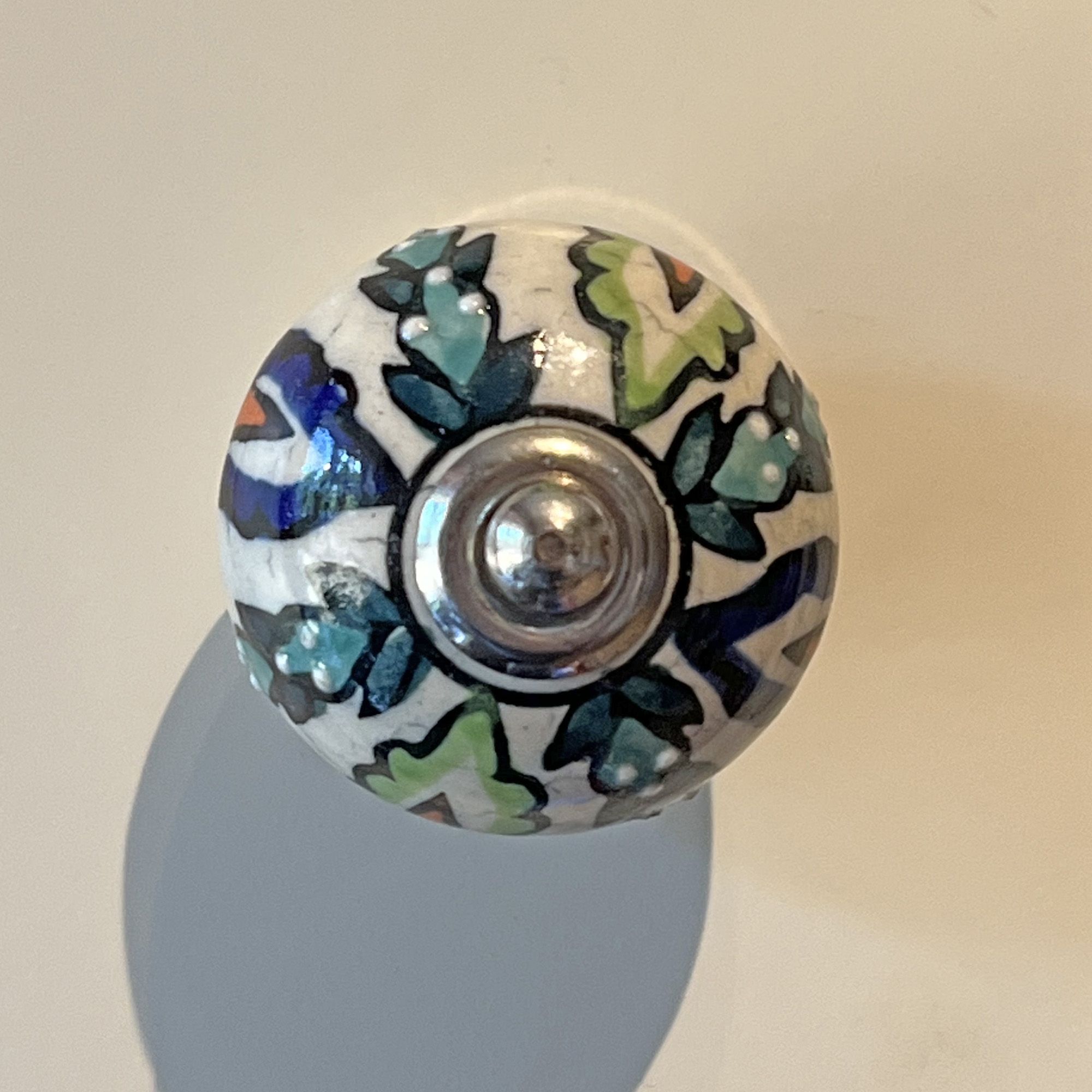 Ceramic Knob with Blue & Green Leaves