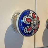 Ceramic Knob with blue, red and white flowers