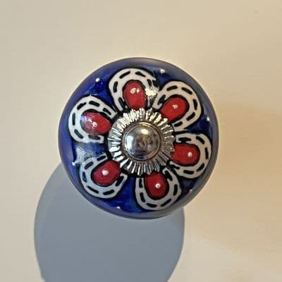 Ceramic Knob with blue, red and white flowers