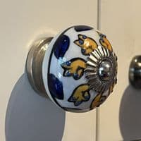 Ceramic Knob with Yellow  & Blue Leaves