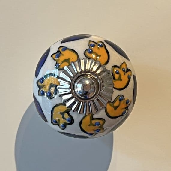 Ceramic Knob with Yellow  & Blue Leaves