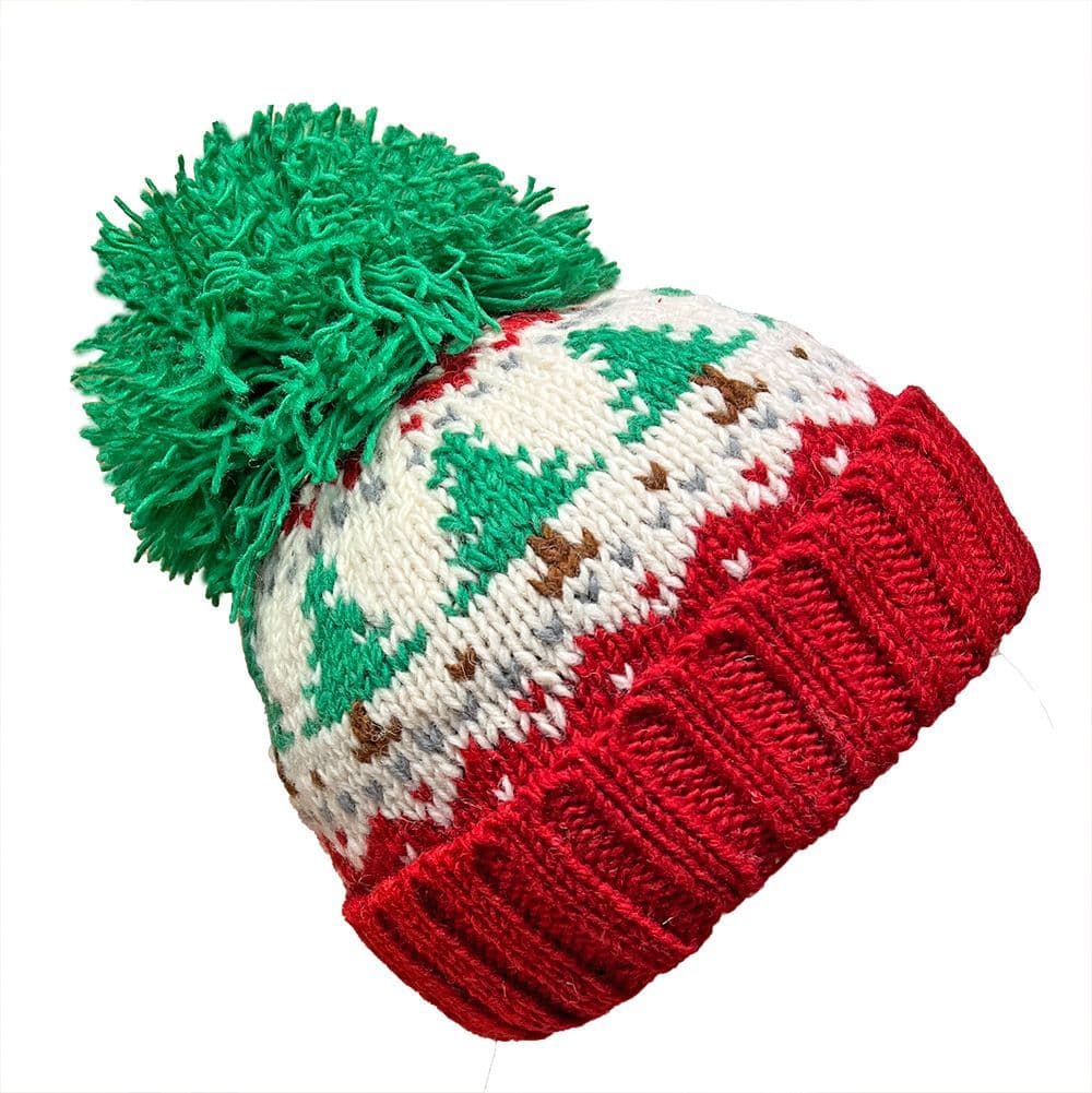 Christmas Tree Bobble Hat in Red White and Green