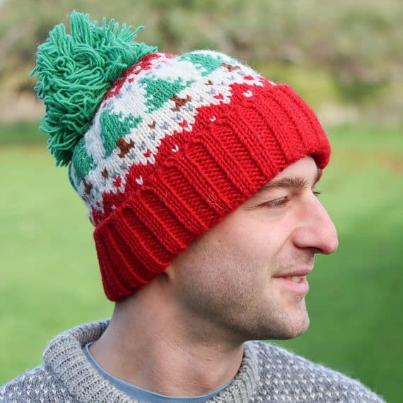 Christmas Tree Bobble Hat in Red White and Green