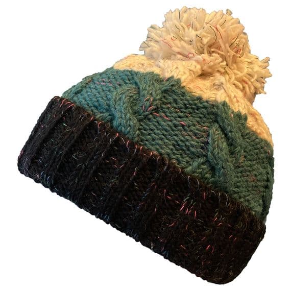 Chunky 3 tone bobble hat with turquoise