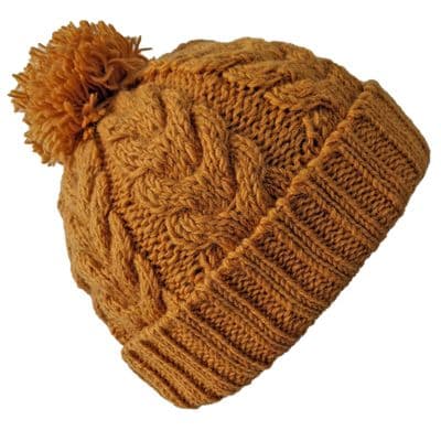 Chunky cable pattern bobble hat in mustard