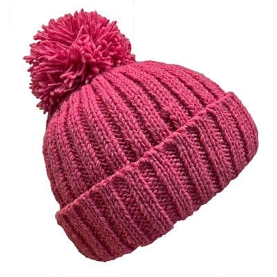 Chunky Rib Knit Bobble Hat in Pink