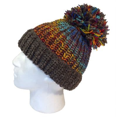 Chunky rib knit hat in rainbow/grey trim