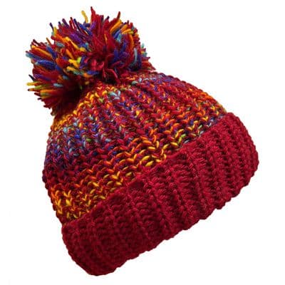 Chunky rib knit hat in red and rainbow with large bobble
