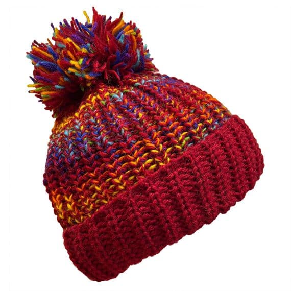 Chunky rib knit hat in red and rainbow with large bobble