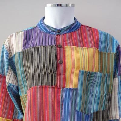 Cotton grandad shirt in patchwork stripes
