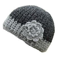 Dark grey beanie with light grey border and flower