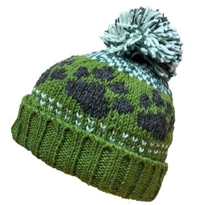 Dog Paw Print Bobble Hat in Green with Brown Paws