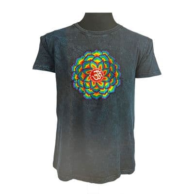 Embroidered Rainbow Lotus T Shirt in Navy Stonewash