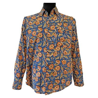 Floral Block Print Shirt | Hand Printed in Cream, Orange on Blue