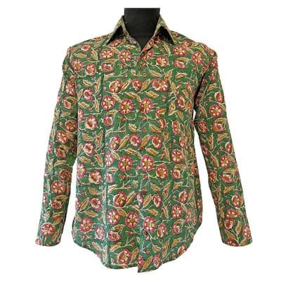 Floral Block Print Shirt | Hand Printed in Cream, Orange on Green