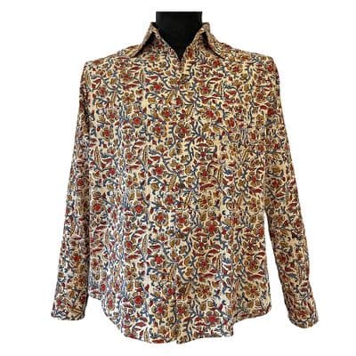 Floral Block Print Shirt | Hand Printed in Red, Yellow and Blue on Cream