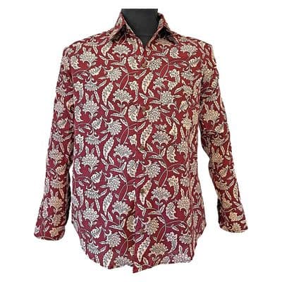 Floral Block Print Shirt | Hand Printed White Flowers on Maroon